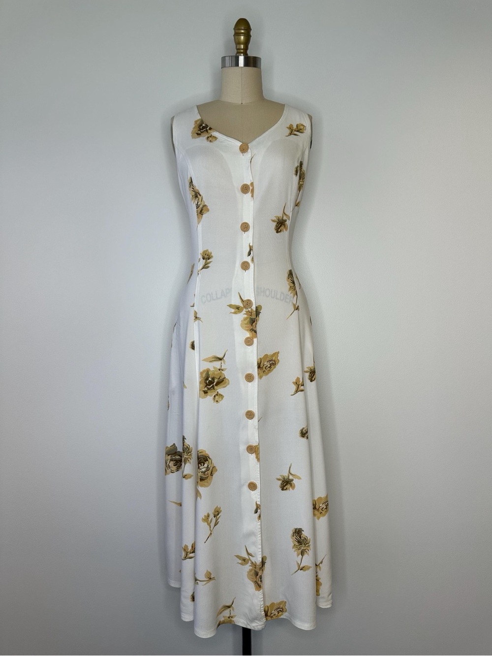 Together White Maxi Dress with Gold Floral Print and Button Front